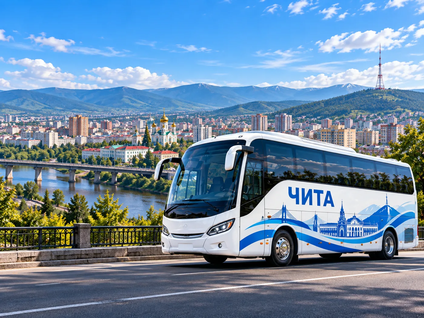 Брендированный автобус Чита на фоне города